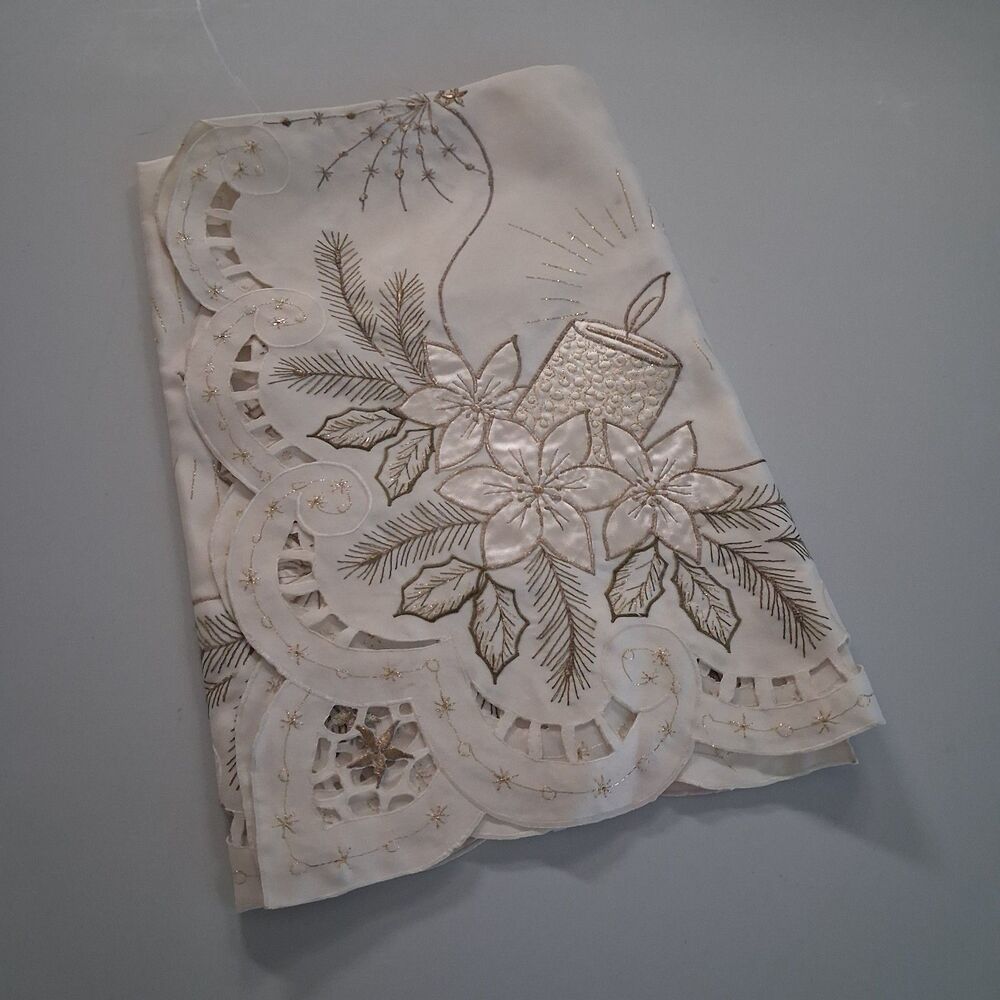 Vintage Christmas Tablecloth 33" Gold Candles Poinsettia Cutwork Embroidery